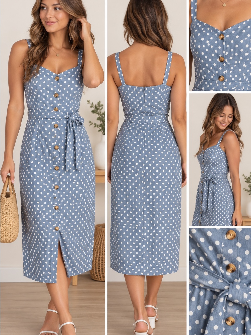 Polka Dot Tie-Waist Midi Dress - Blue
